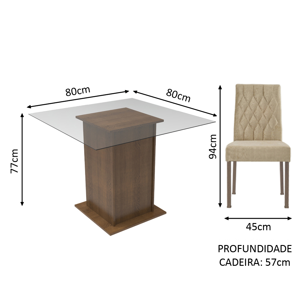 Conjunto Sala de Janta Mesa Tampo de Vidro 2 Cadeiras Rustic/Imperial Ciça Madesa