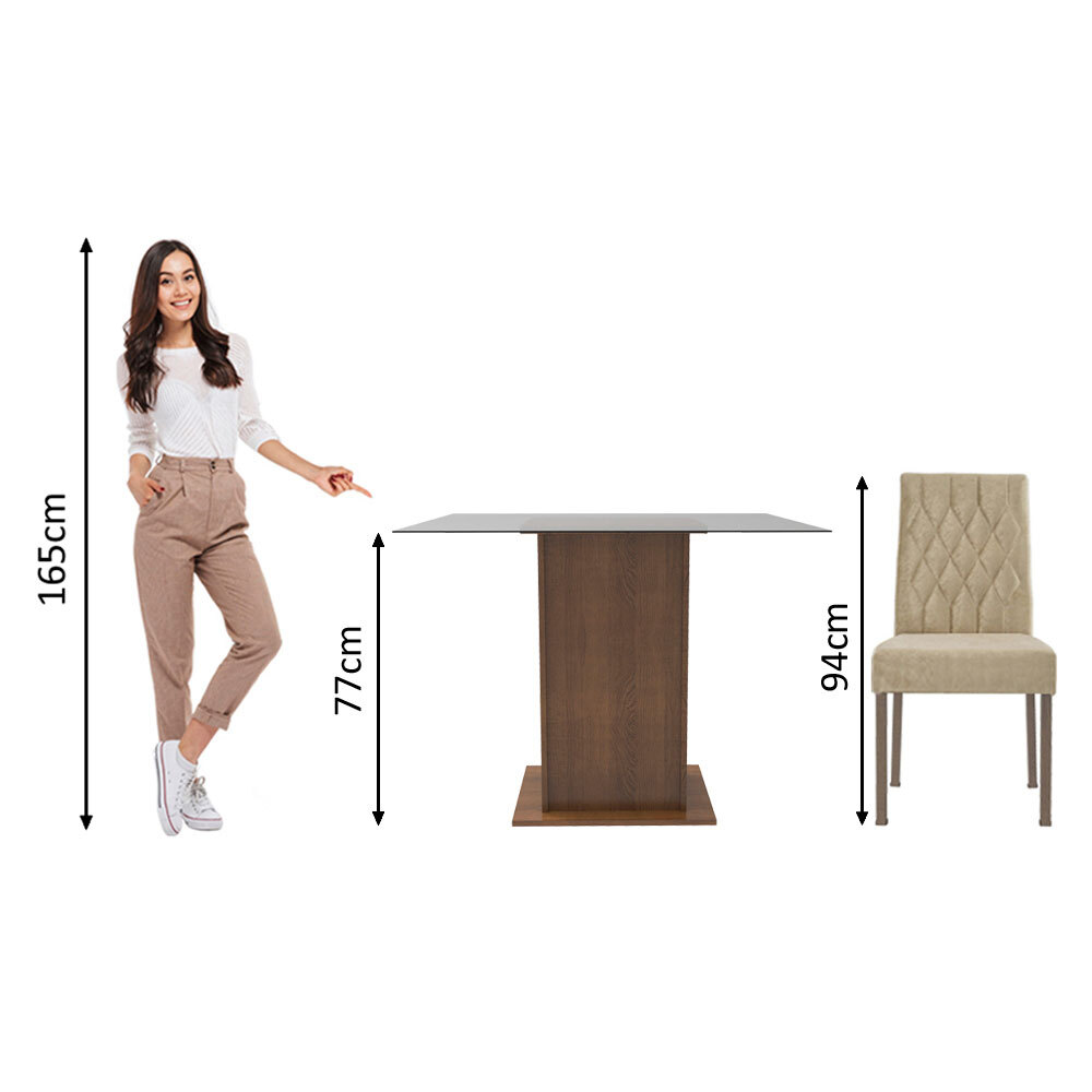 Conjunto Sala de Janta Mesa Tampo de Vidro 2 Cadeiras Rustic/Imperial Ciça Madesa