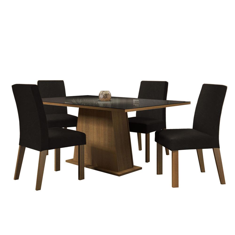 Conjunto Sala de Jantar  Mesa Tampo de Vidro  4 Cadeiras Rustic/Preto/Oxford Sabrina Madesa