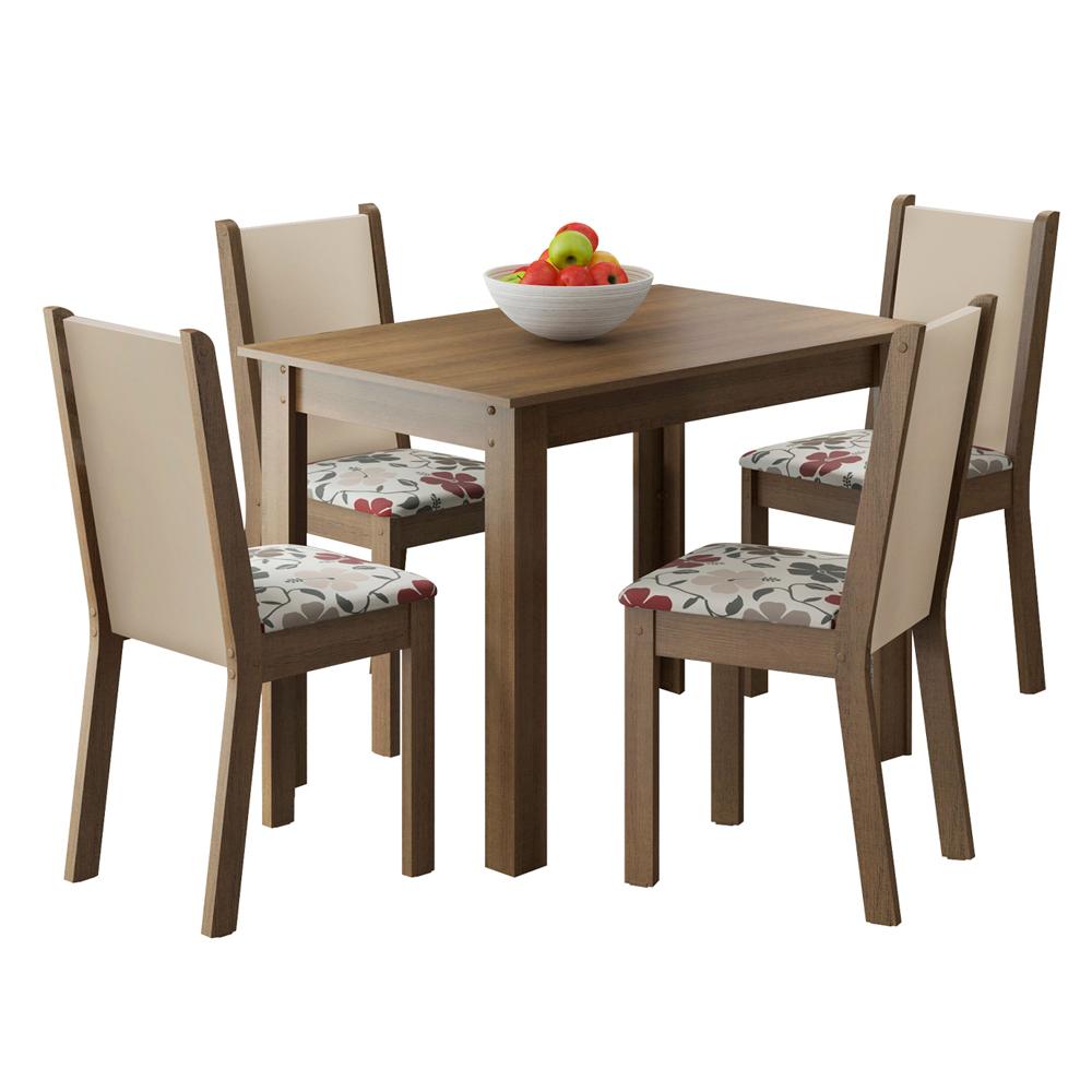 Conjunto Sala de Jantar Cíntia Madesa Mesa Tampo de Madeira com 4 Cadeiras - Rustic/Crema/Hibiscos
