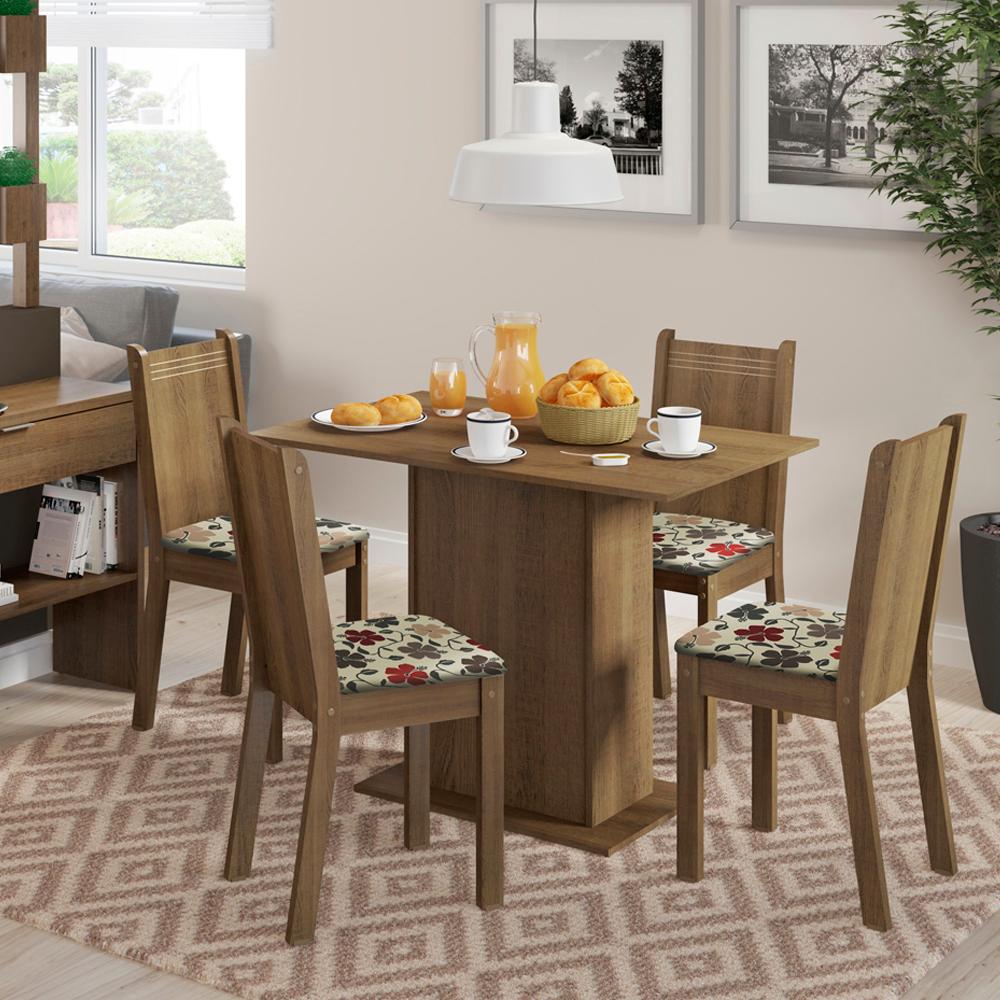 Conjunto Sala de Jantar Lexy Madesa Mesa Tampo de Madeira com 4 Cadeiras - Rustic/Hibiscos