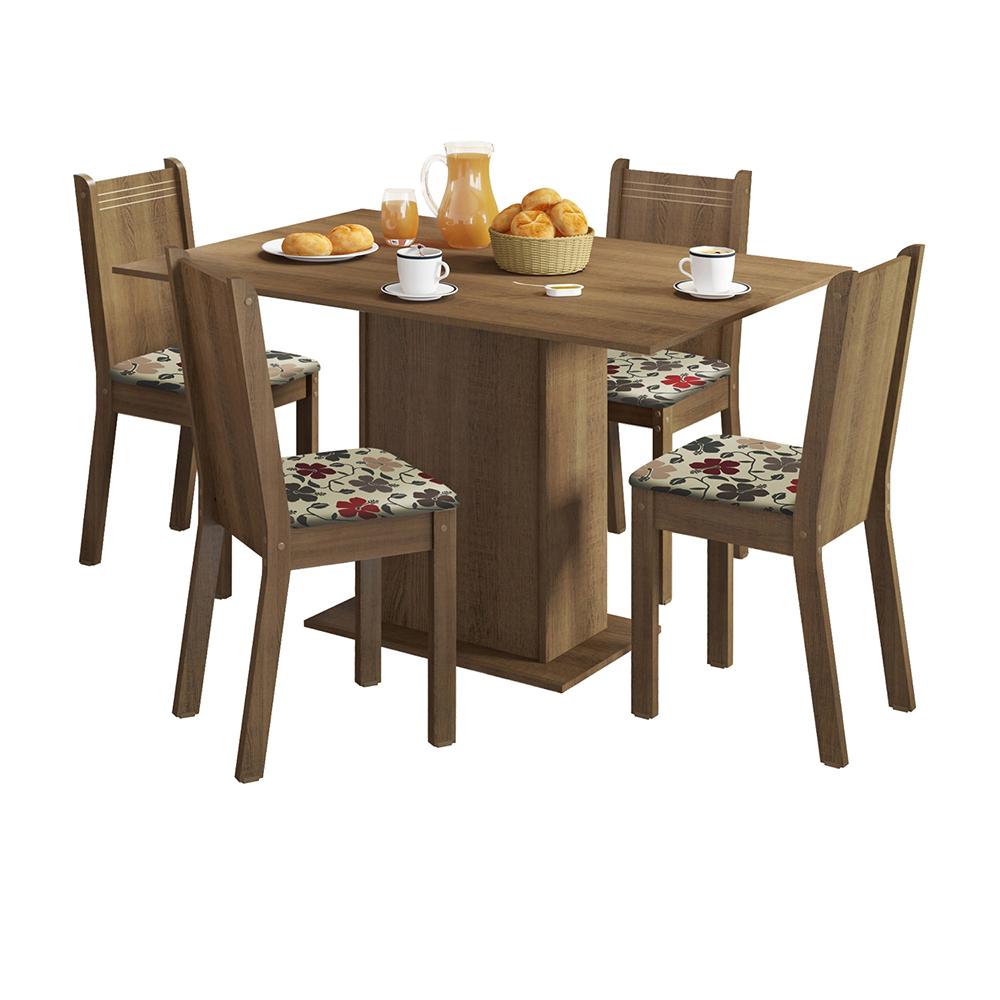 Conjunto Sala de Jantar Lexy Madesa Mesa Tampo de Madeira com 4 Cadeiras - Rustic/Hibiscos