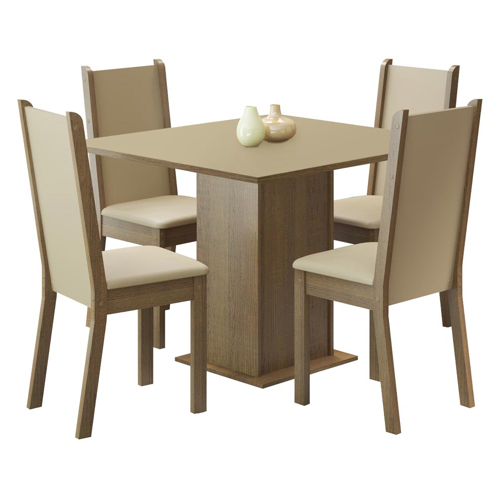 Conjunto Sala de Jantar Madesa Alana Mesa Tampo de Madeira com 4 Cadeiras - Rustic/Crema/Pérola