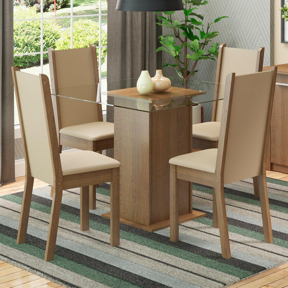 Conjunto Sala de Jantar Madesa Aline Mesa Tampo de Vidro com 4 Cadeiras - Rustic/Crema/Pérola