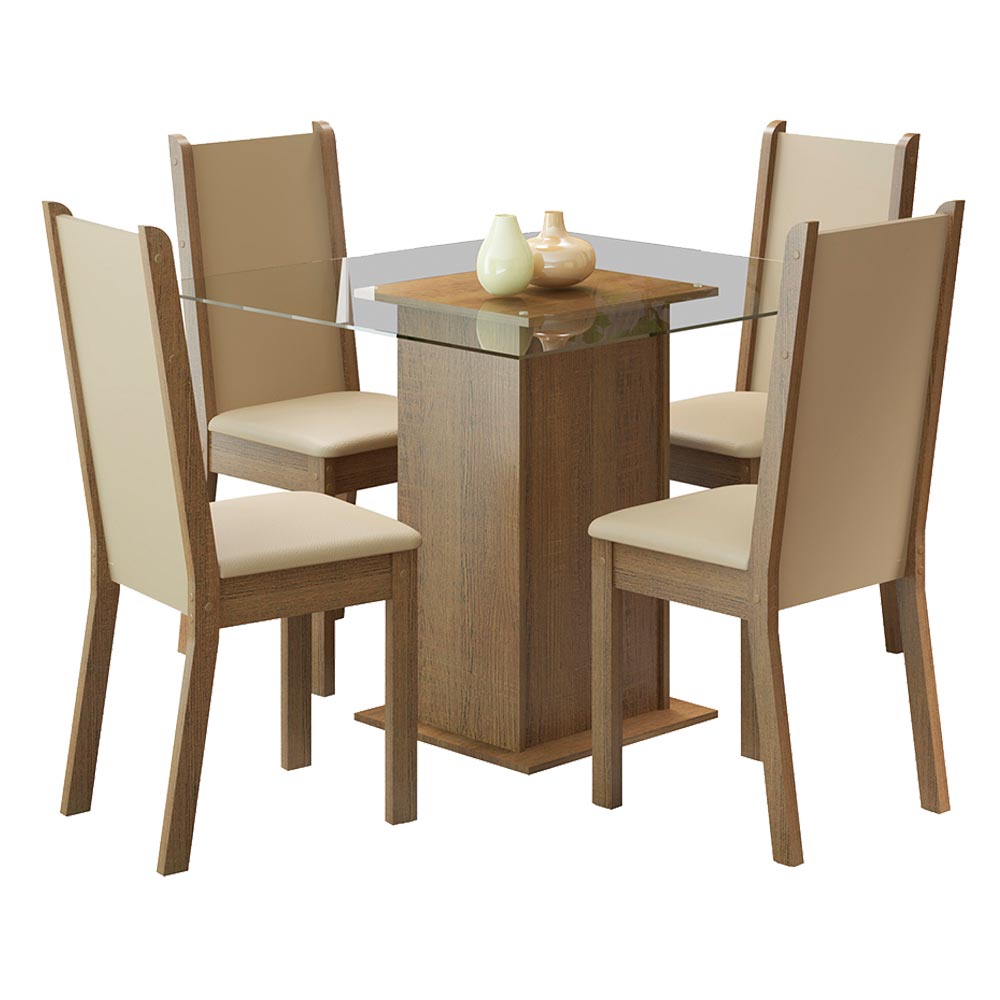 Conjunto Sala de Jantar Madesa Aline Mesa Tampo de Vidro com 4 Cadeiras - Rustic/Crema/Pérola
