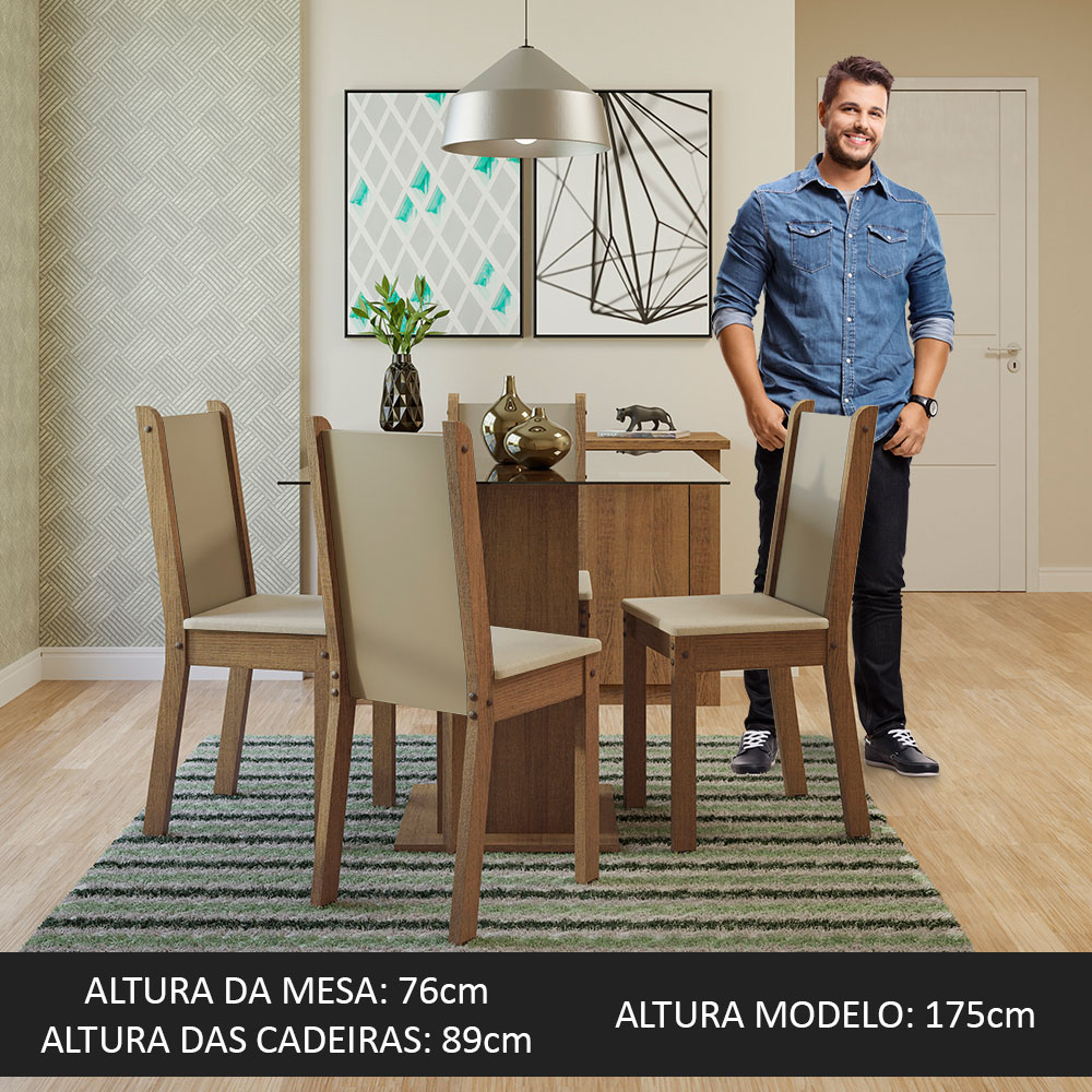 Conjunto Sala de Jantar Madesa Aline Mesa Tampo de Vidro com 4 Cadeiras - Rustic/Crema/Pérola
