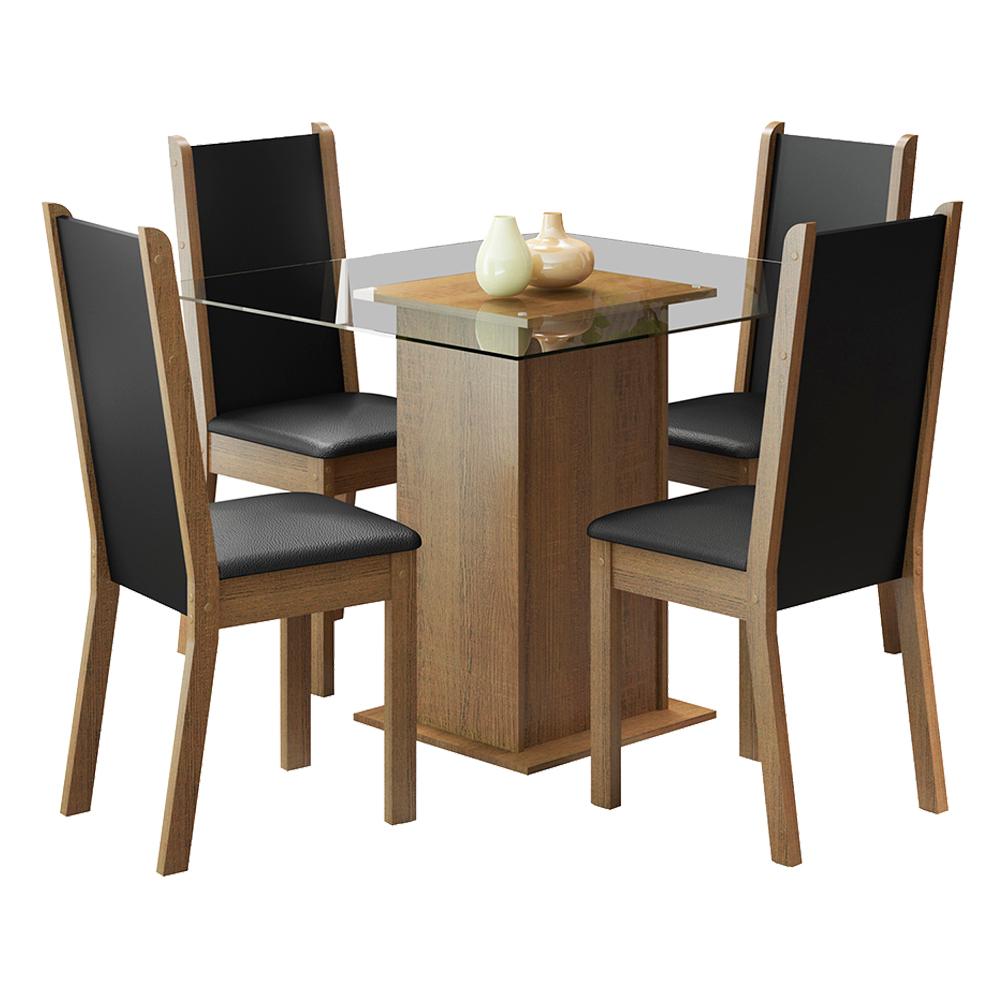 Conjunto Sala de Jantar Madesa Aline Mesa Tampo de Vidro com 4 Cadeiras - Rustic/Preto/Sintético Preto