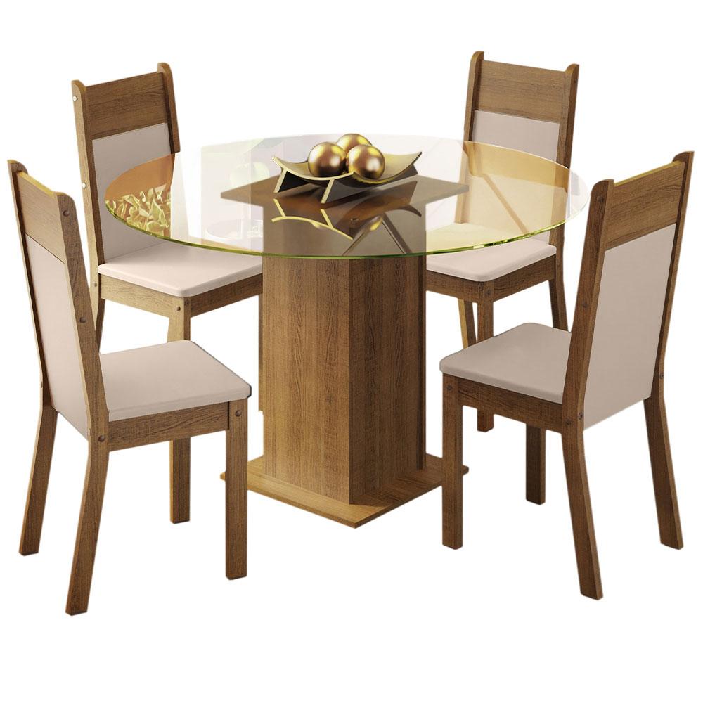 Conjunto Sala de Jantar Madesa Ana Mesa Tampo de Vidro Redondo 4 Cadeiras - Rustic/Crema/Bege