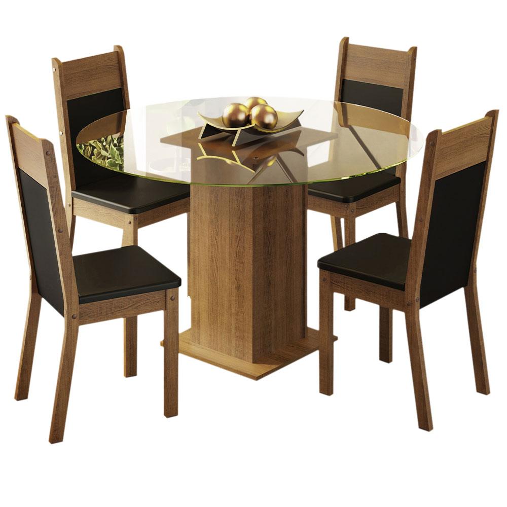 Conjunto Sala de Jantar Madesa Ana Mesa Tampo de Vidro Redondo 4 Cadeiras - Rustic/Preto