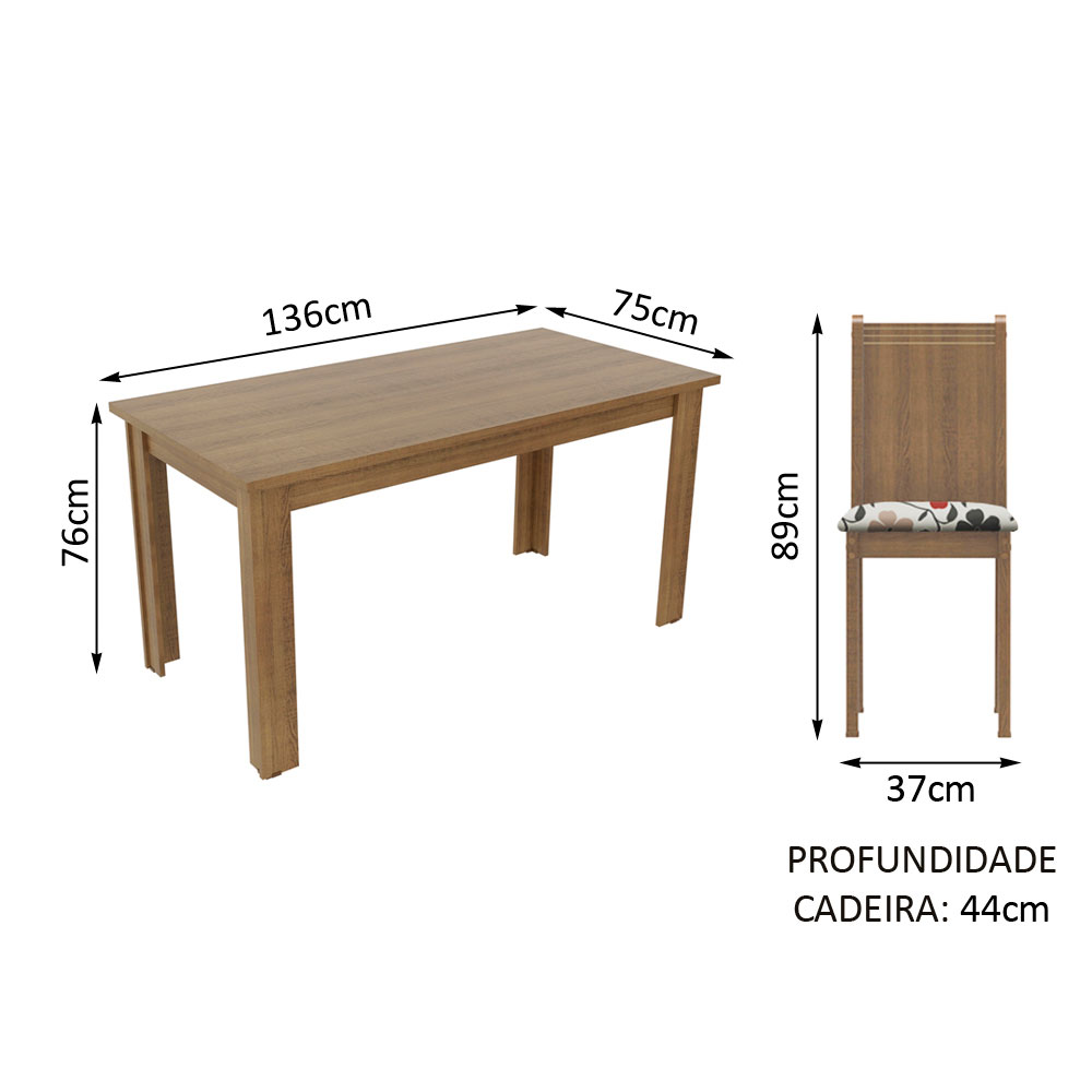 Conjunto Sala de Jantar Madesa Analu Mesa Tampo de Madeira com 6 Cadeiras - Rustic/Floral Hibiscos
