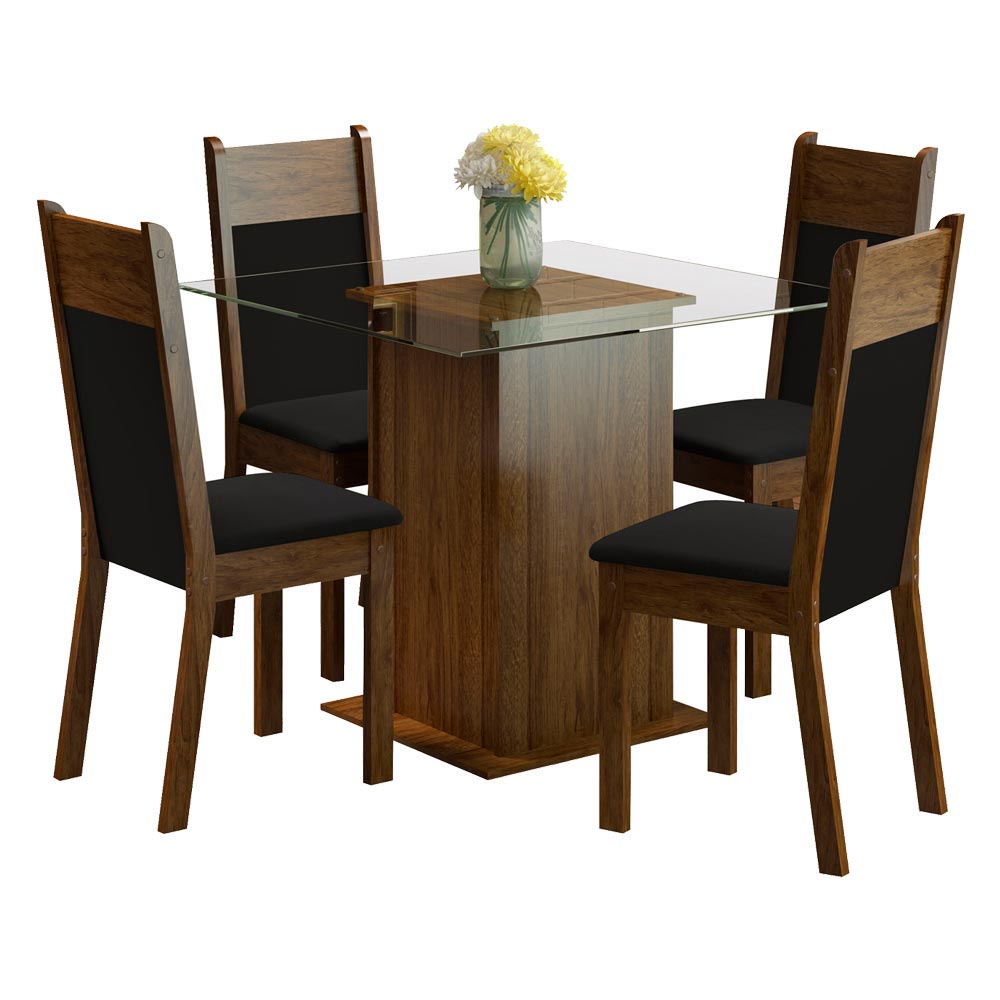 Conjunto Sala de Jantar Madesa Anita Mesa Tampo de Vidro com 4 Cadeiras - Rustic/Preto/Sintético Preto