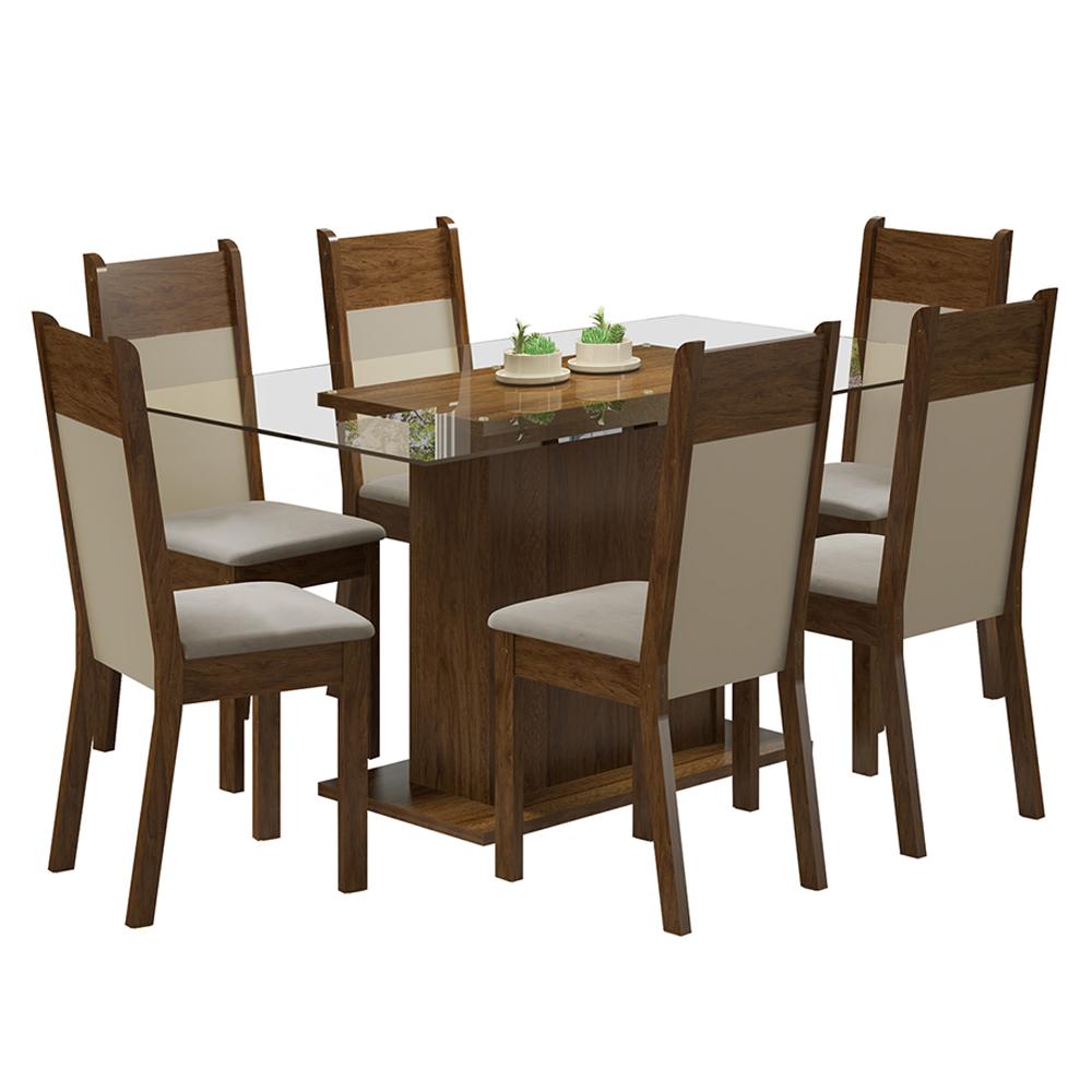 Conjunto Sala de Jantar Madesa Atlanta Mesa Tampo de Vidro com 6 Cadeiras - Rustic/Crema/Pérola
