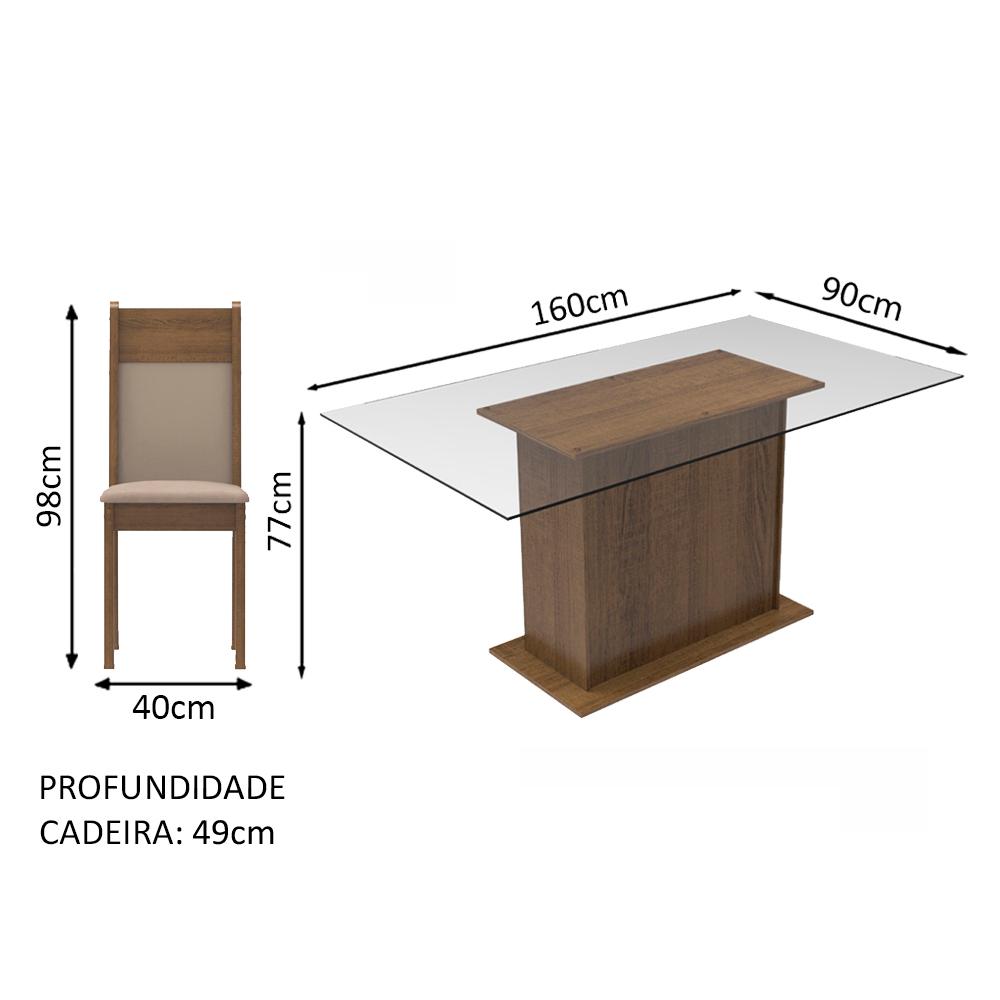 Conjunto Sala de Jantar Madesa Atlanta Mesa Tampo de Vidro com 6 Cadeiras - Rustic/Crema/Pérola