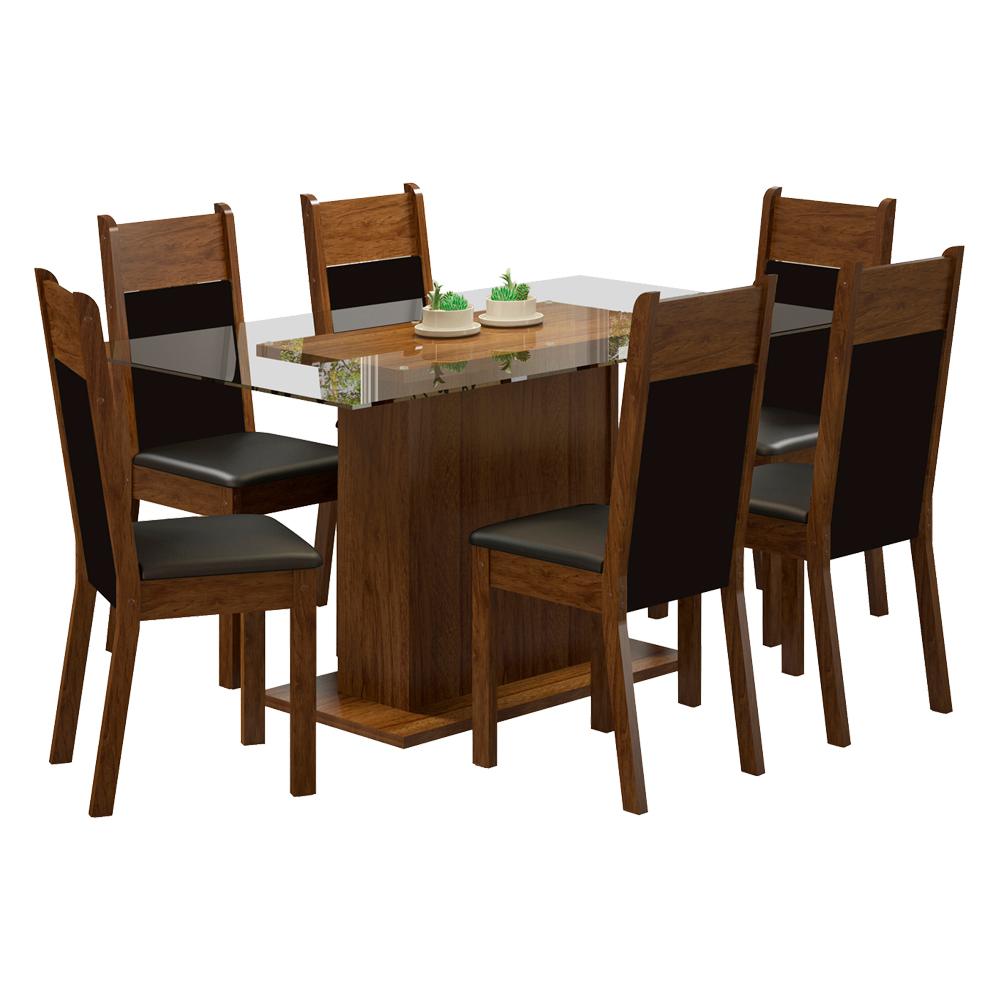 Conjunto Sala de Jantar Madesa Atlanta Mesa Tampo de Vidro com 6 Cadeiras - Rustic/Preto/SintPreto