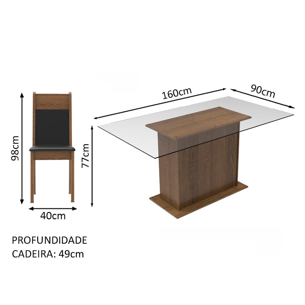 Conjunto Sala de Jantar Madesa Atlanta Mesa Tampo de Vidro com 6 Cadeiras - Rustic/Preto/SintPreto