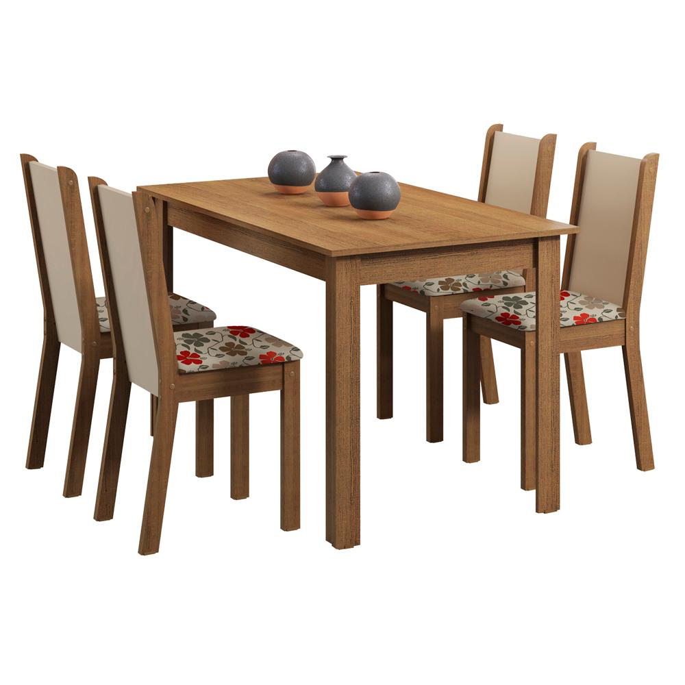 Conjunto Sala de Jantar Madesa Bea Mesa Tampo de Madeira com 4 Cadeiras - Rustic/Crema/Floral Hibiscos