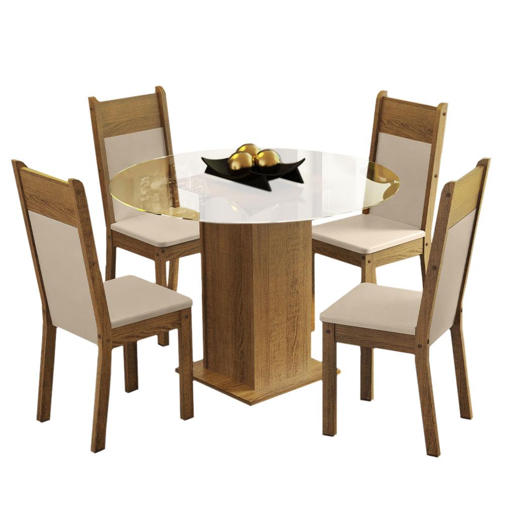 Conjunto Sala de Jantar Madesa Beta Mesa Tampo de Vidro Redondo 4 Cadeiras - Rustic/Crema/Bege