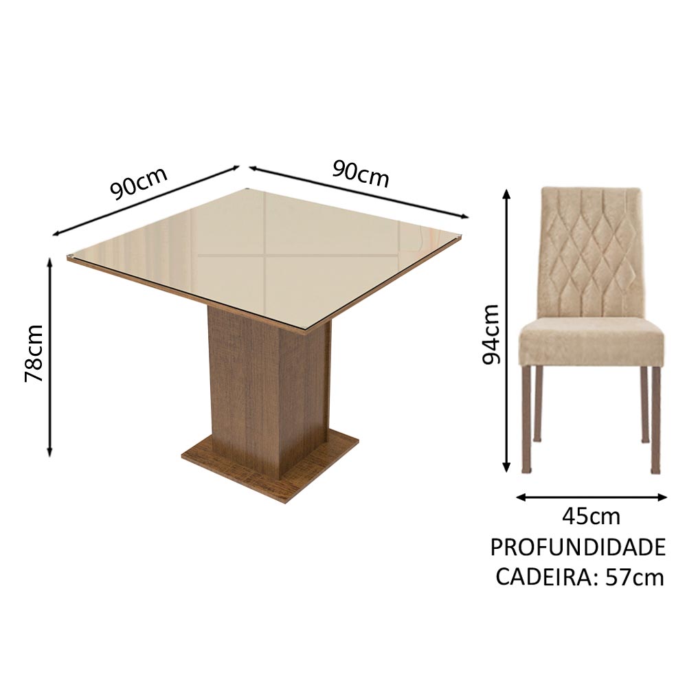 Conjunto Sala de Jantar Madesa Brenda Mesa Tampo de Vidro com 4 Cadeiras - Rustic/Crema/Imperial