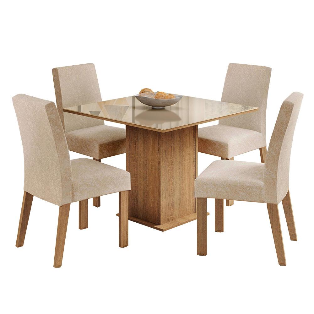 Conjunto Sala de Jantar Madesa Cecilie Mesa Tampo de Vidro com 4 Cadeiras Rustic/Crema/Imperial