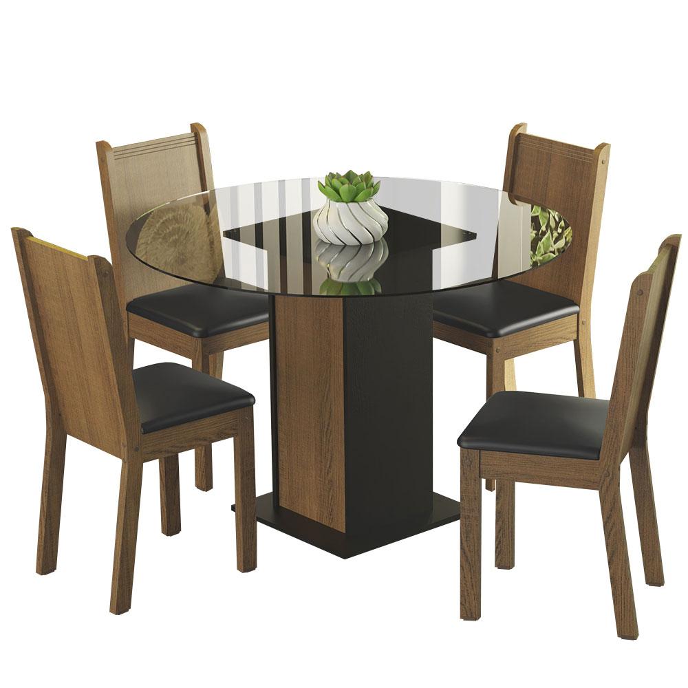 Conjunto Sala de Jantar Madesa Débora Mesa Tampo de Vidro Redondo 4 Cadeiras - Preto/Rustic