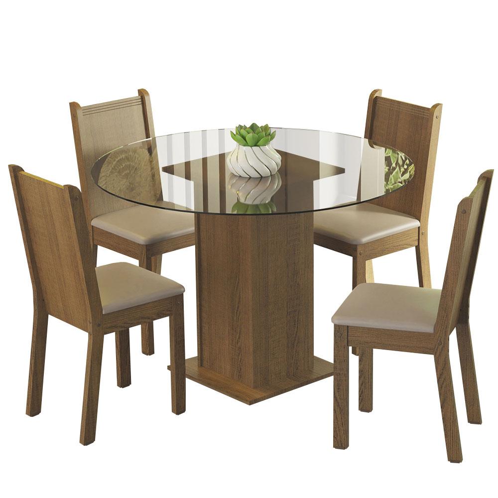 Conjunto Sala de Jantar Madesa Débora Mesa Tampo de Vidro Redondo 4 Cadeiras - Rustic/Bege