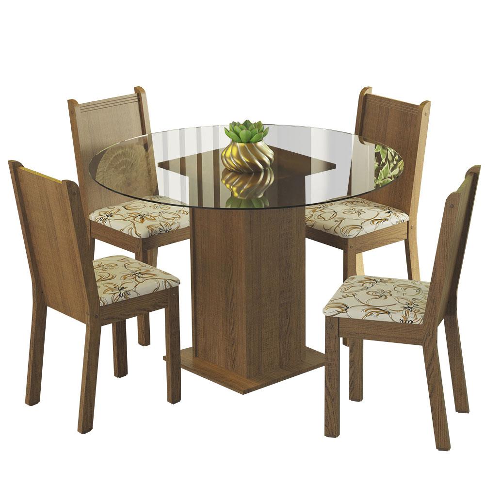 Conjunto Sala de Jantar Madesa Débora Mesa Tampo de Vidro Redondo 4 Cadeiras - Rustic/Lírio Bege