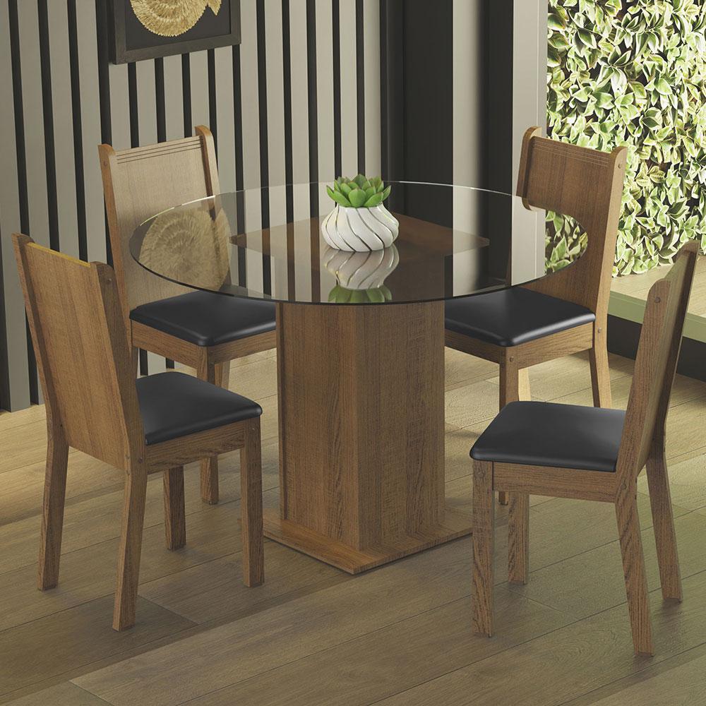 Conjunto Sala de Jantar Madesa Débora Mesa Tampo de Vidro Redondo 4 Cadeiras - Rustic/Preto
