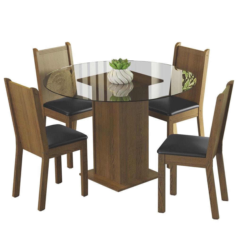 Conjunto Sala de Jantar Madesa Débora Mesa Tampo de Vidro Redondo 4 Cadeiras - Rustic/Preto