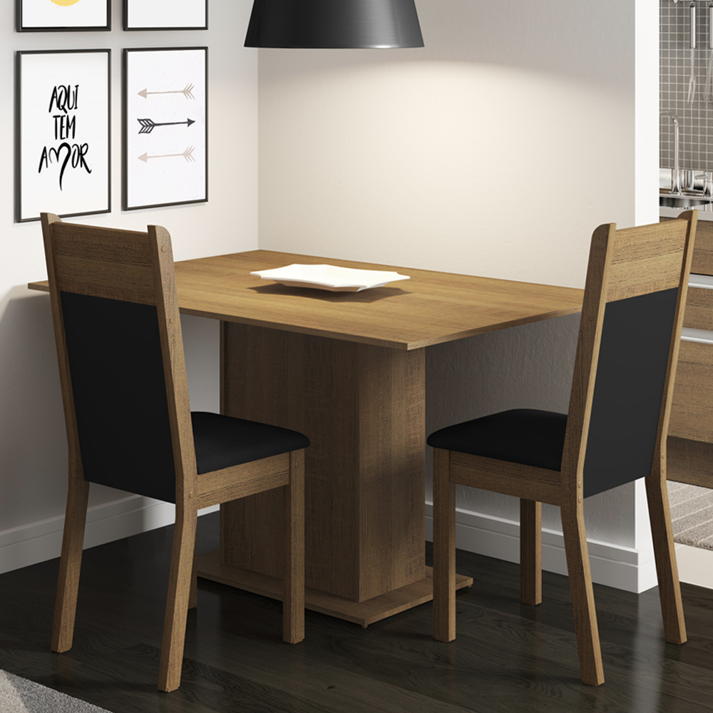 Conjunto Sala de Jantar Madesa Gabi Mesa Tampo de Madeira com 2 Cadeiras - Rustic/Preto/Sintético Preto