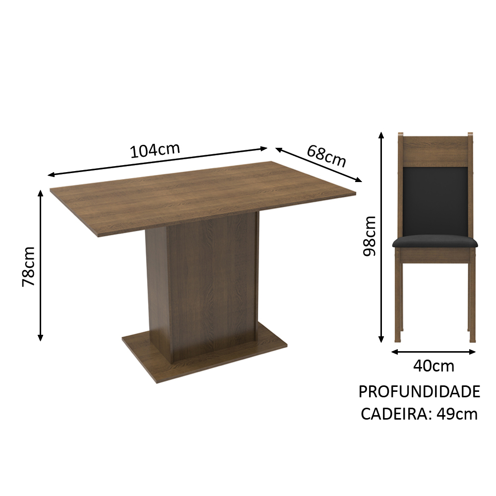 Conjunto Sala de Jantar Madesa Gabi Mesa Tampo de Madeira com 2 Cadeiras - Rustic/Preto/Sintético Preto