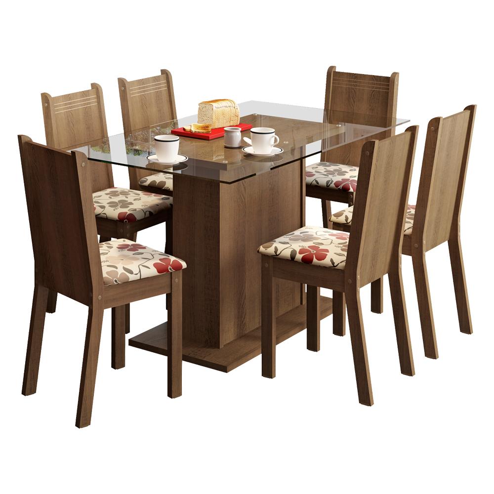 Conjunto Sala de Jantar Madesa Gales Mesa Tampo de Vidro com 6 Cadeiras - Rustic/Floral Hibiscos