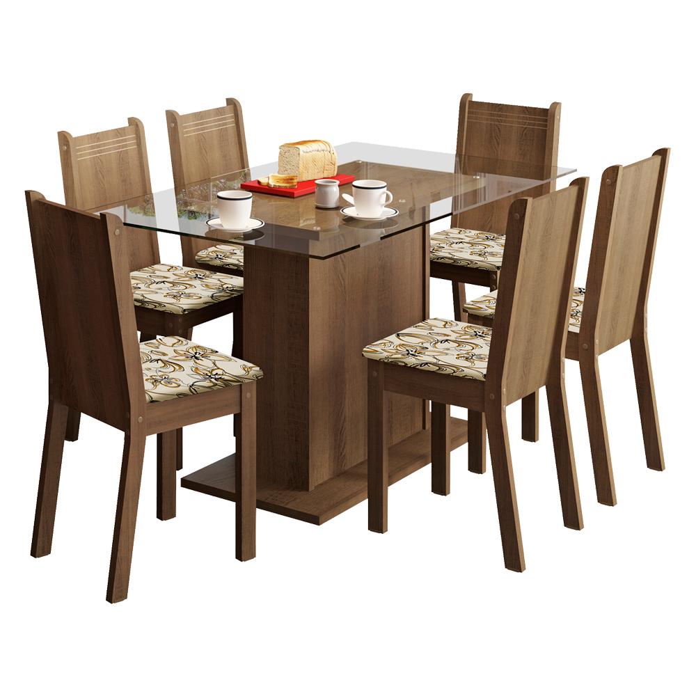 Conjunto Sala de Jantar Madesa Gales Mesa Tampo de Vidro com 6 Cadeiras - Rustic/Lírio Bege