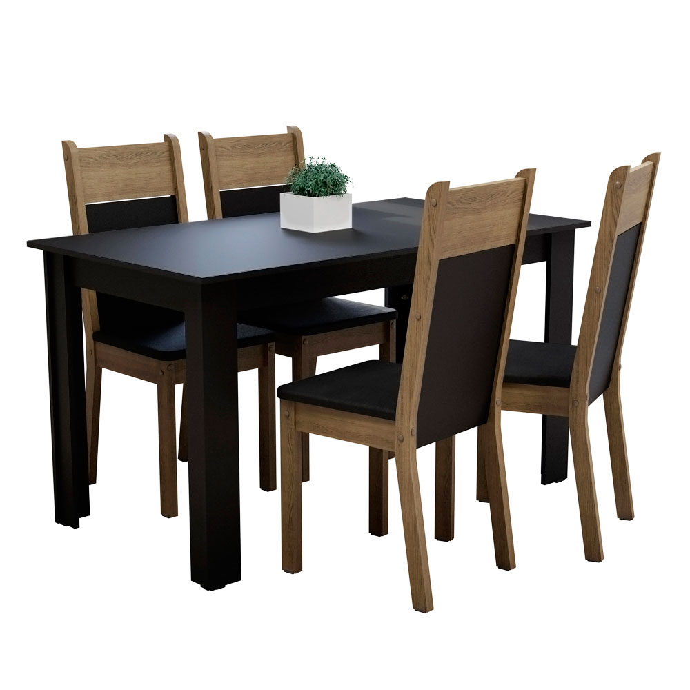 Conjunto Sala de Jantar Madesa Havana Mesa Tampo de Madeira com 4 Cadeiras - Preto/Rustic