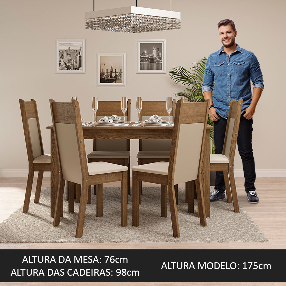 Conjunto Sala de Jantar Madesa Jaíne Mesa Tampo de Madeira com 6 Cadeiras