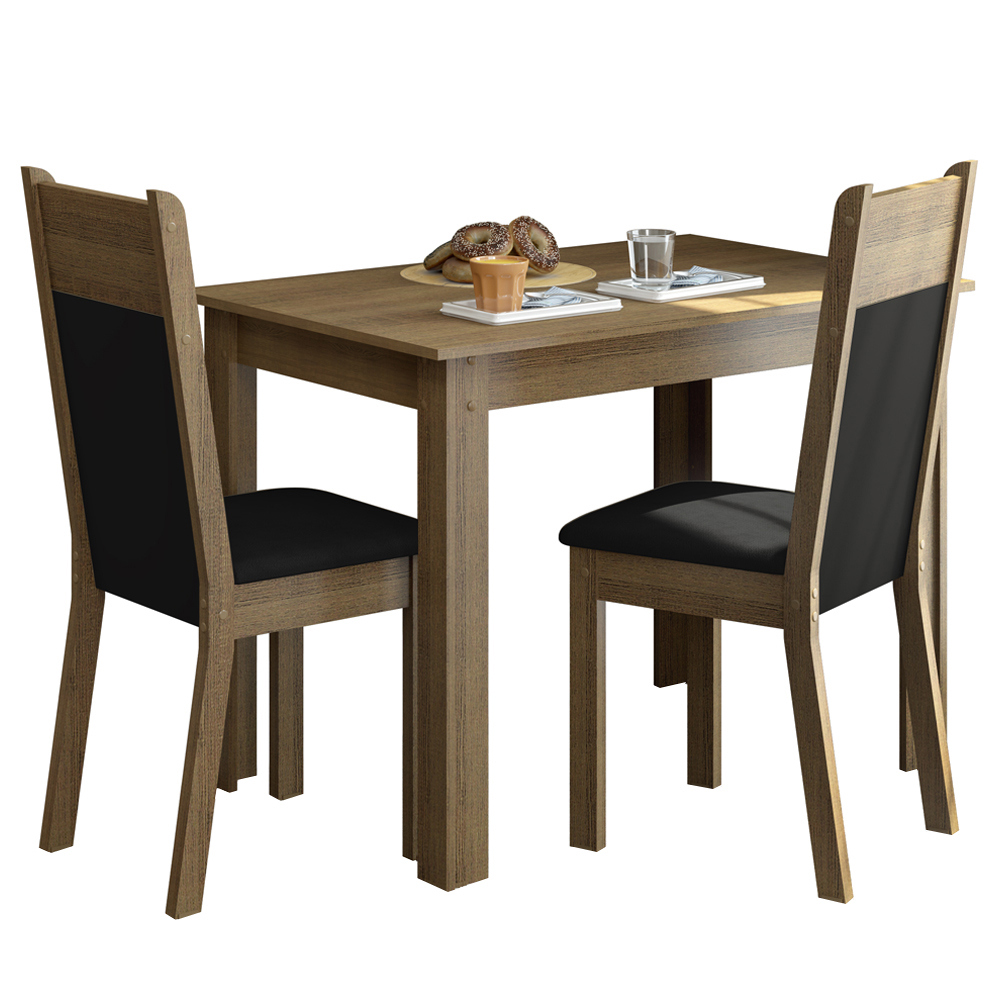 Conjunto Sala de Jantar Madesa Lola Mesa Tampo de Madeira com 2 Cadeiras - Rustic/Preto/Sintético Preto