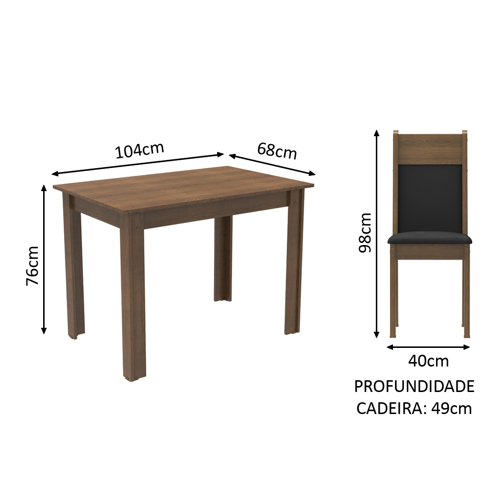 Conjunto Sala de Jantar Madesa Lola Mesa Tampo de Madeira com 2 Cadeiras - Rustic/Preto/Sintético Preto