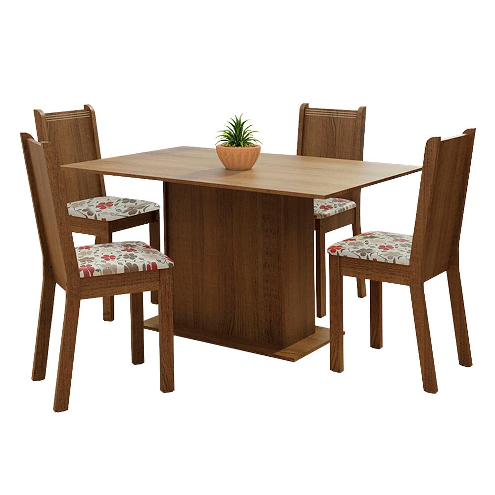Conjunto Sala de Jantar Madesa Luana Mesa Tampo de Madeira com 4 Cadeiras - Rustic/Floral Hibiscos