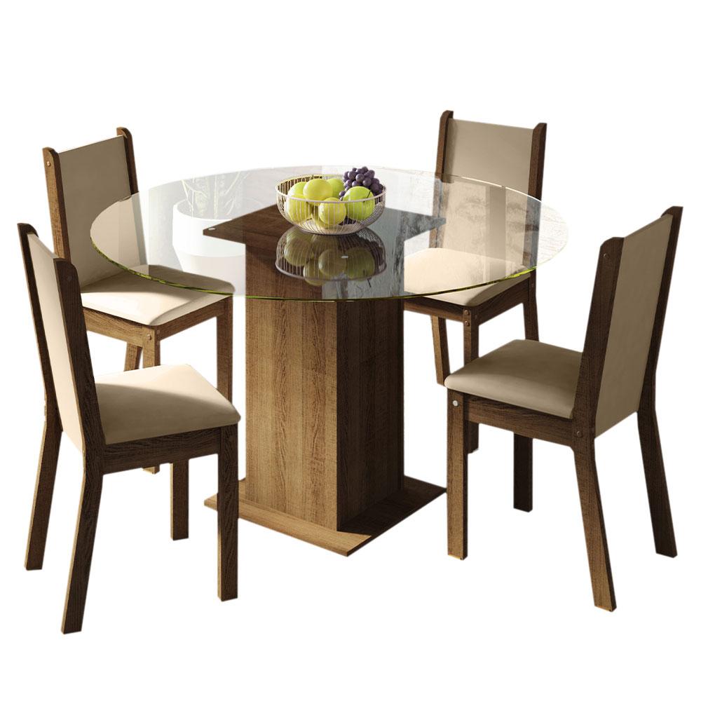 Conjunto Sala de Jantar Madesa Madu Mesa Tampo de Vidro Redondo 4 Cadeiras - Rustic/Crema/Bege