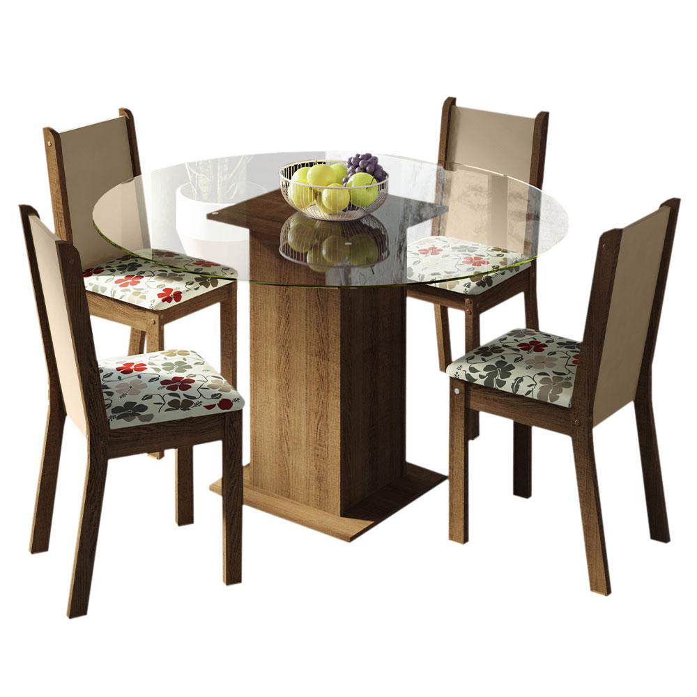 Conjunto Sala de Jantar Madesa Madu Mesa Tampo de Vidro Redondo 4 Cadeiras - Rustic/Crema/Hibiscos