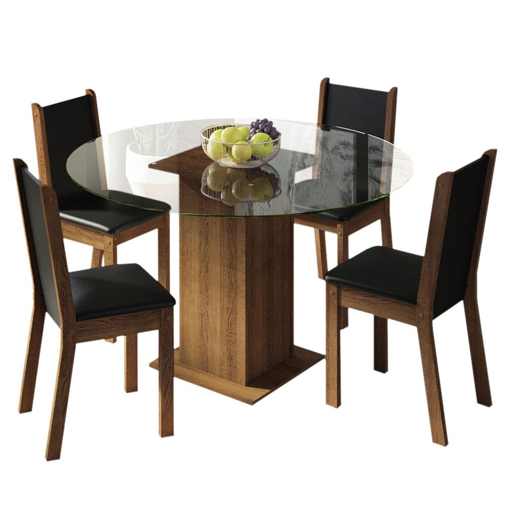 Conjunto Sala de Jantar Madesa Madu Mesa Tampo de Vidro Redondo 4 Cadeiras - Rustic/Preto/Preto