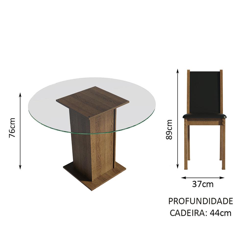 Conjunto Sala de Jantar Madesa Madu Mesa Tampo de Vidro Redondo 4 Cadeiras - Rustic/Preto/Preto