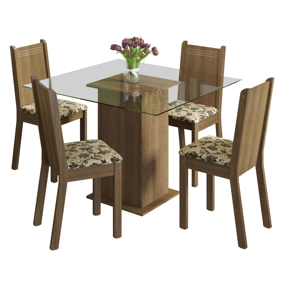 Conjunto Sala de Jantar Madesa Magda Mesa Tampo de Vidro com 4 Cadeiras - Rustic/Bege Marrom