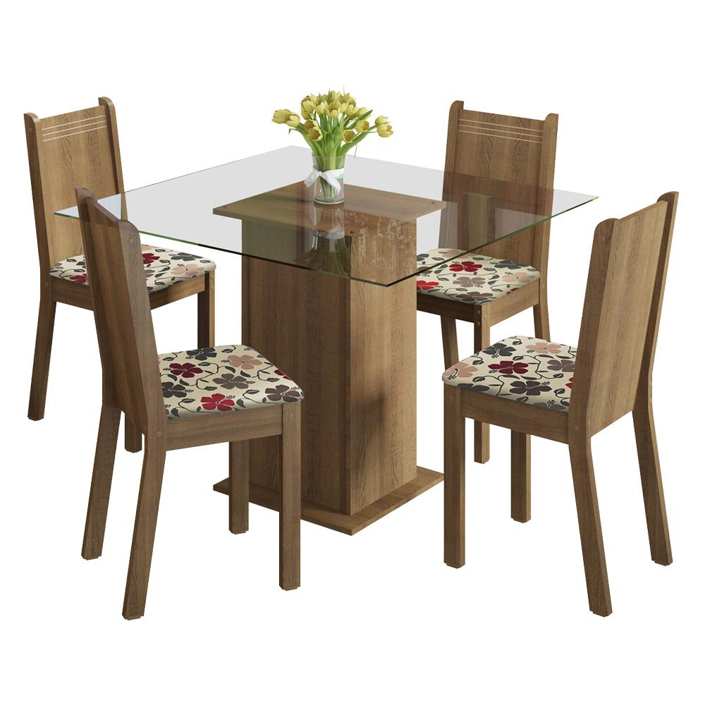 Conjunto Sala de Jantar Madesa Magda Mesa Tampo de Vidro com 4 Cadeiras - Rustic/Hibiscos