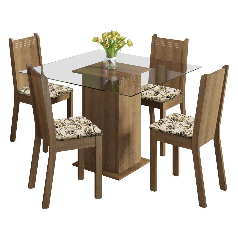 Conjunto Sala de Jantar Madesa Magda Mesa Tampo de Vidro com 4 Cadeiras - Rustic/Lírio Bege