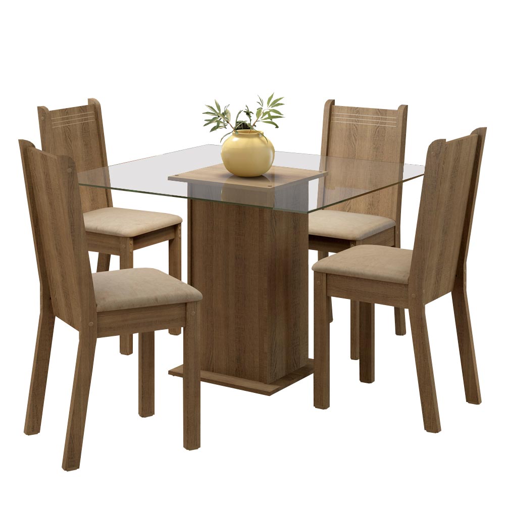 Conjunto Sala de Jantar Madesa Magda Mesa Tampo de Vidro com 4 Cadeiras - Rustic/Pérola