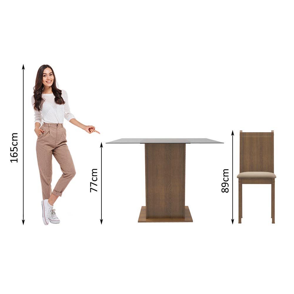 Conjunto Sala de Jantar Madesa Magda Mesa Tampo de Vidro com 4 Cadeiras - Rustic/Pérola
