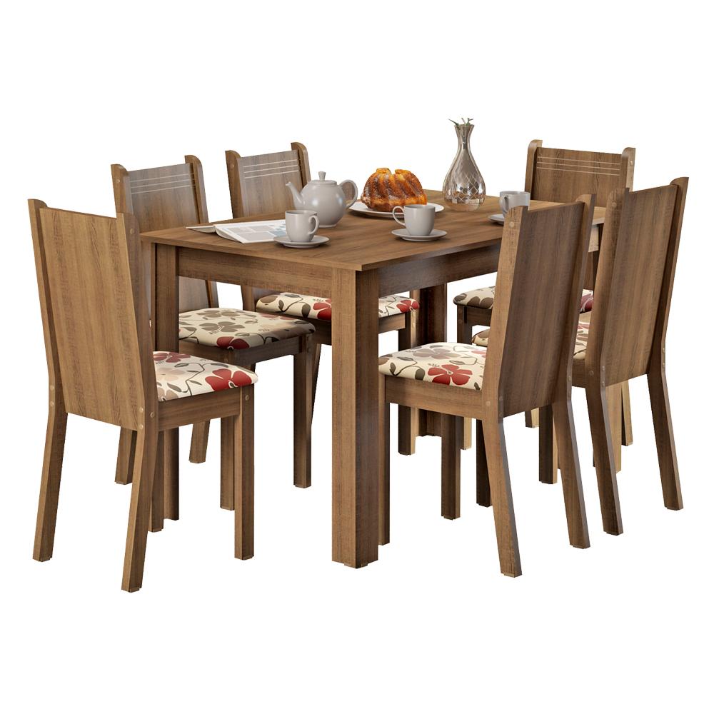 Conjunto Sala de Jantar Madesa Maris Mesa Tampo de Madeira com 6 Cadeiras - Rustic/Hibiscos