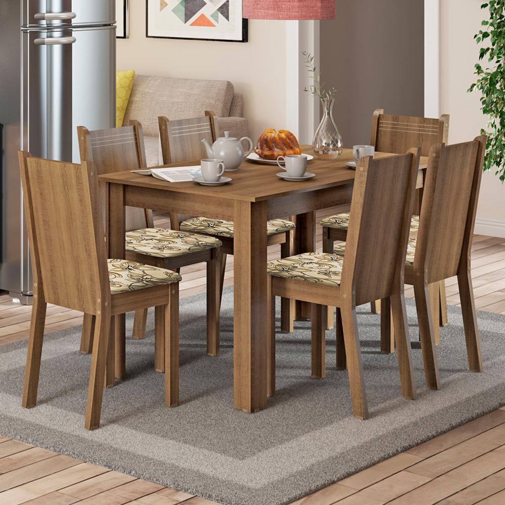 Conjunto Sala de Jantar Madesa Maris Mesa Tampo de Madeira com 6 Cadeiras - Rustic/Lírio Bege