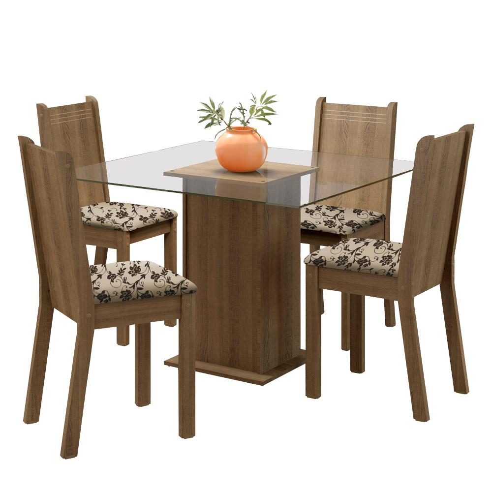 Conjunto Sala de Jantar Madesa Maya Mesa Tampo de Vidro com 4 Cadeiras - Rustic/Bege Marrom
