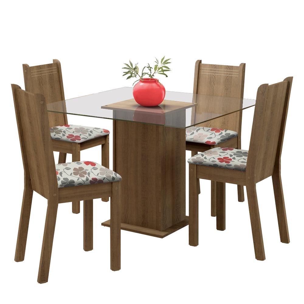 Conjunto Sala de Jantar Madesa Maya Mesa Tampo de Vidro com 4 Cadeiras - Rustic/Floral Hibiscos
